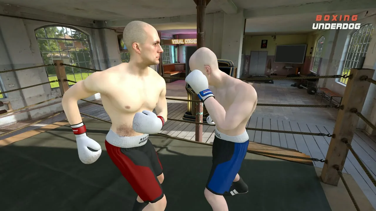 Two fighters trade punches in the Boxing Underdog gym ring